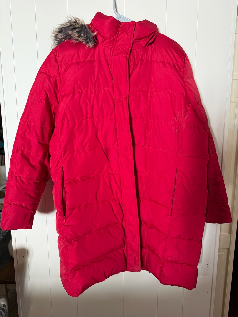 Lands' End Bright Red Hooded Puffer Coat with Faux-Fur Trim